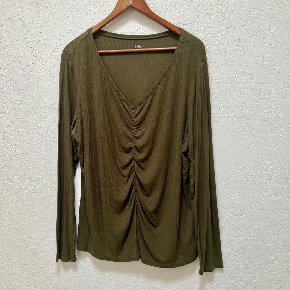 ana A New Approach Womens XL Olive Green Ruched V-Neck Ribbed Long Sleeve Top
